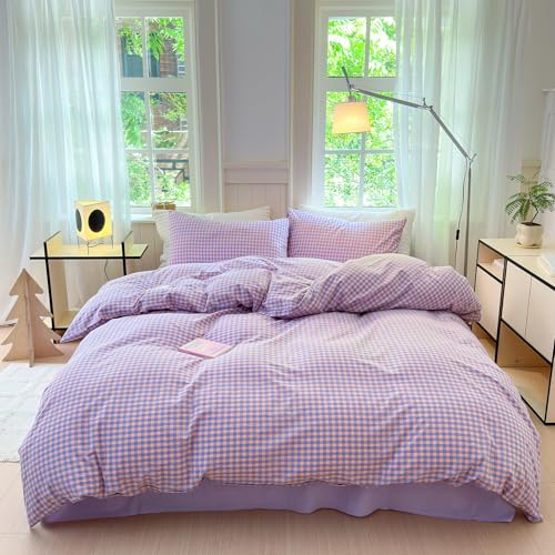 Image of LifeTB Purple Gingham Comforter Queen Comforter Set Fluffy Soft Plaid Checkered Pattern Comforter Purple Pink Gingham Bedding Set Farmhouse Grid Plaid Comforter Set for All Seasons Queen Size