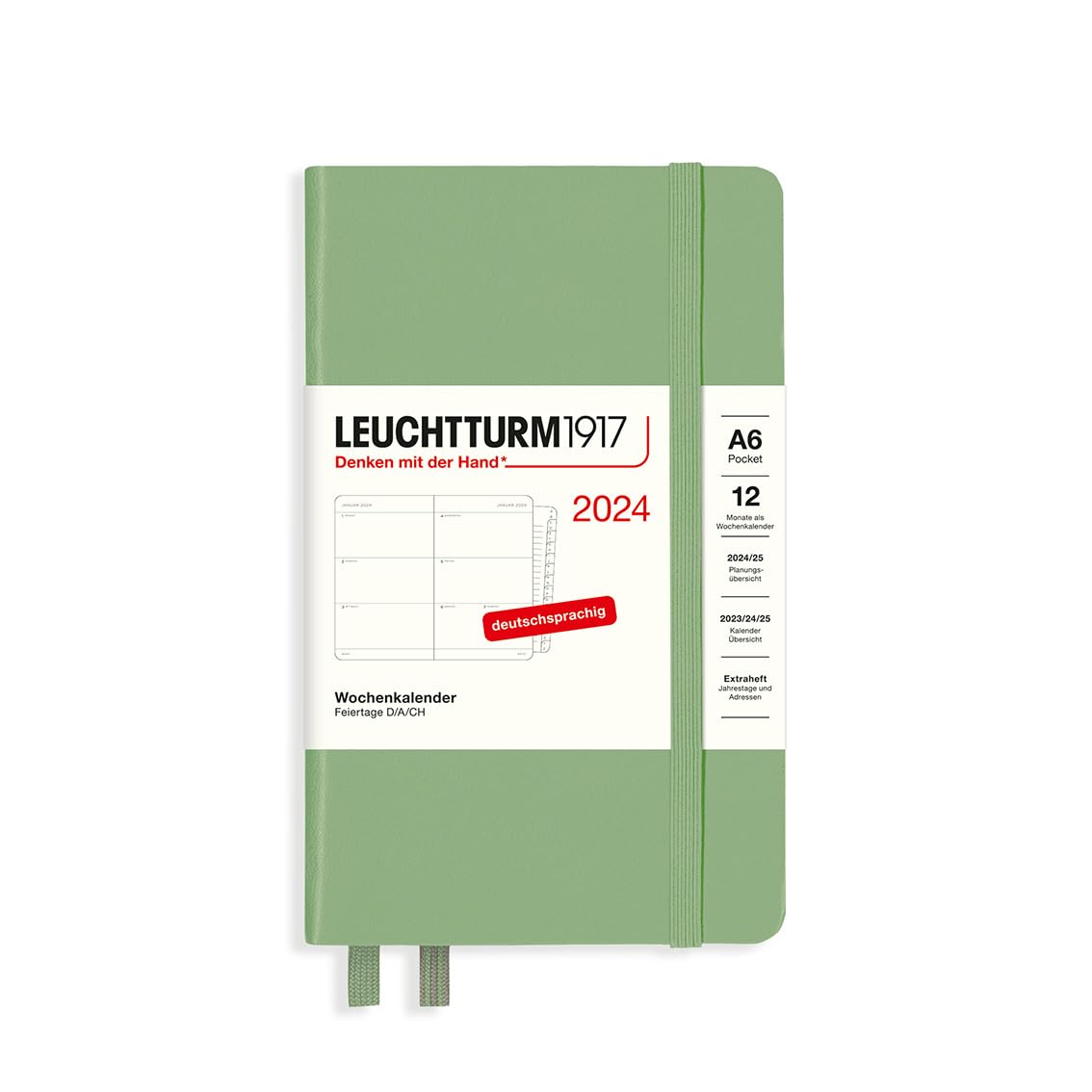 LEUCHTTURM1917 367633 Weekly Planner Pocket (A6) 2024, with Extra Book for Addresses and Anniversaries, Sage, German, 12 Months