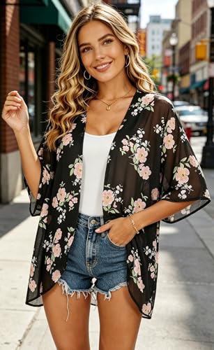 Image of FINOCEANS Womens Floral Chiffon Kimono Cardigans Loose Beach Cover Up Half Sleeve Tops