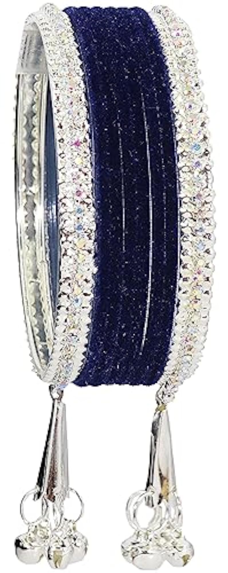 Zircon Gemstone Metal Bangles Set With Velvet Studded Bells (Silver-2.6)