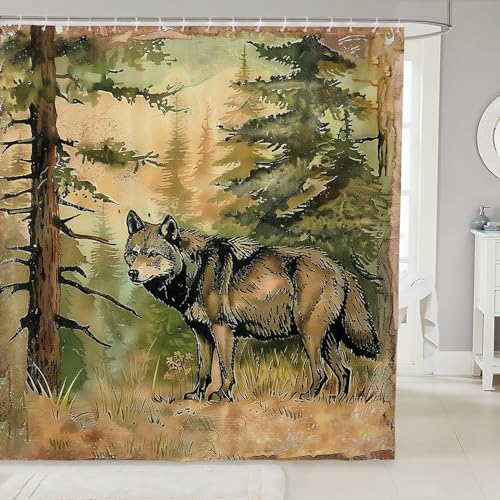 Wolf Shower Curtain,Rustic Adventure Hunting Bathroom Curtain Kid Boys Teen