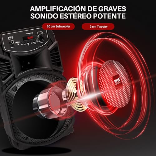 Pyle Sistema de Altavoces, PA, 300W, Bluetooth, portatil, Recargable, Exteriores, subwoofer de 8”, Tweeter de 1”, función de grabación, micrófono, Luces de Fiesta, Radio USB/SD, Color Negro - imagen 2