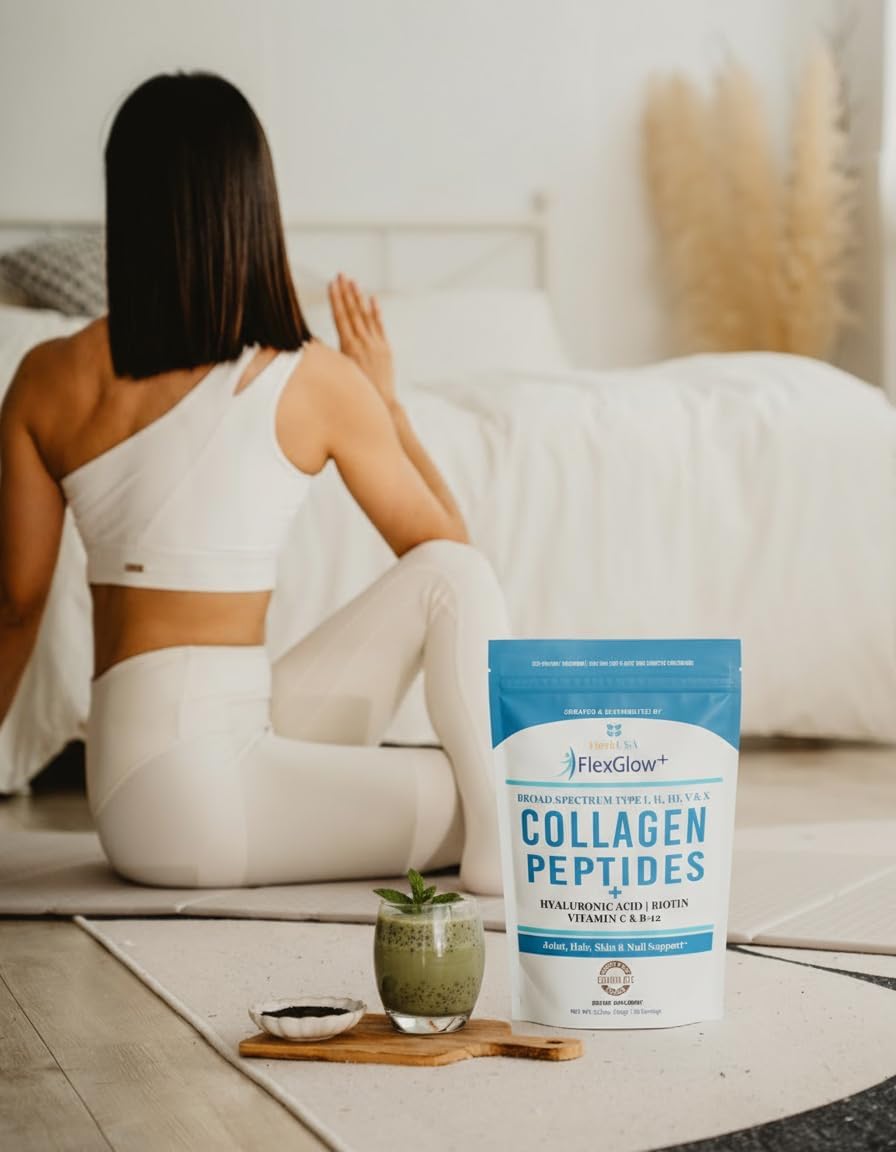 FlexGlow+ Collagen Peptides – Broad Spectrum (I, II, III, V, X) – 6,900mg – Hyaluronic Acid, Biotin & Vitamin C – Hair, Skin & Joint Support – 30 Servings (12.17oz)