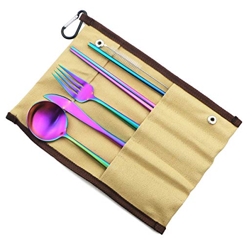 Gugrida Reusable Travel Utensils, 7 Piece Portable 304 Stainless Steel Including Knife Fork Spoon Chopsticks Cleaning Brush Straws Portable Pouch, Eco-Friendly Camping Silverware Set, Dishwasher Safe #TOP3