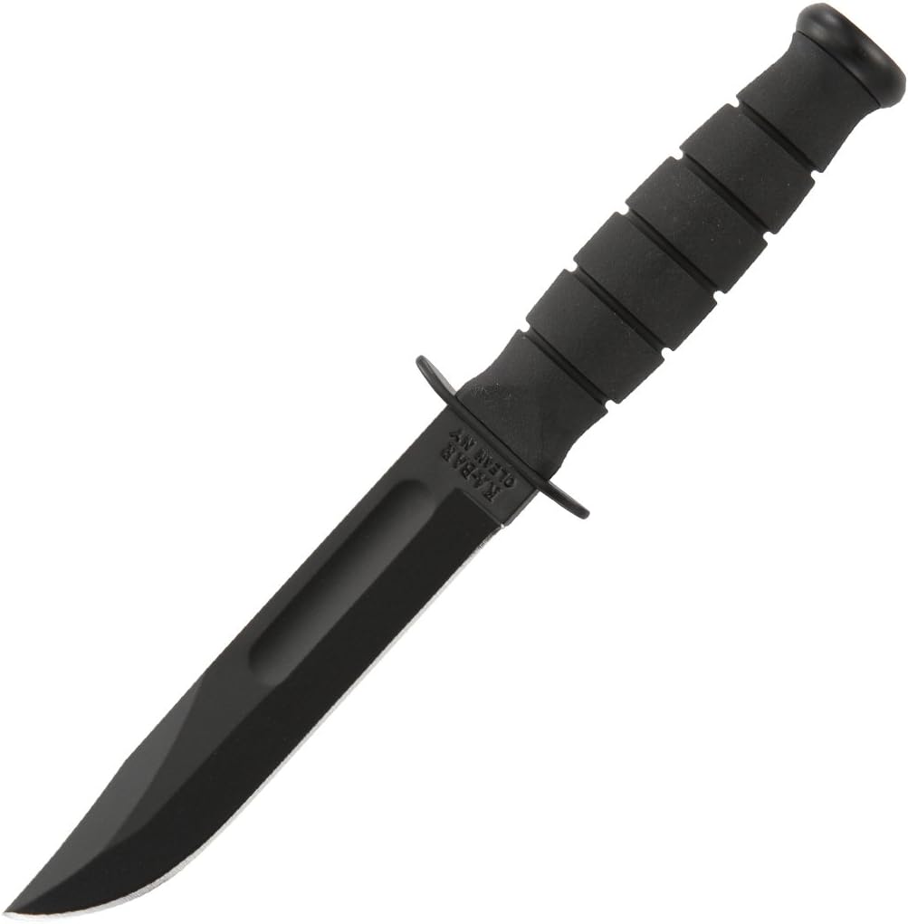 KA-BAR Short Black Straight Edge Fixed Blade Knife with Sheath, Compact Utility Outdoor Knife