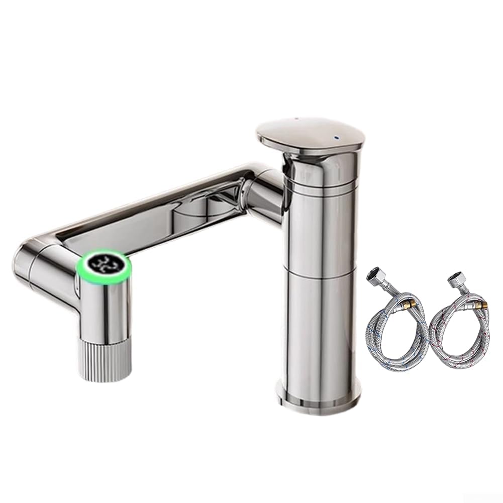 1080° Rotating Washbasin Tap with LED Temperature Display, Dual Mode Sprayer, Brass Basin Faucet for Bathroom Sink, Height Adjustable, Black(Silver)