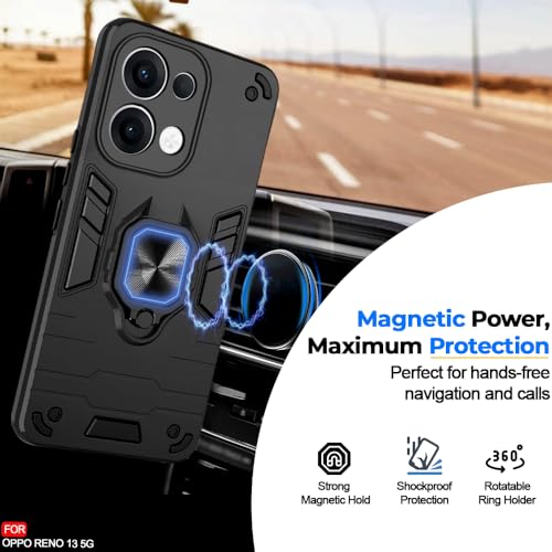 Image of AESTMO Oppo Reno 13 5G Back Case Cover | Tough Armor Bumper | Ring Holder & Kickstand in-Built | 360 Degree Protection Cover for Oppo Reno 13 5G (Black)