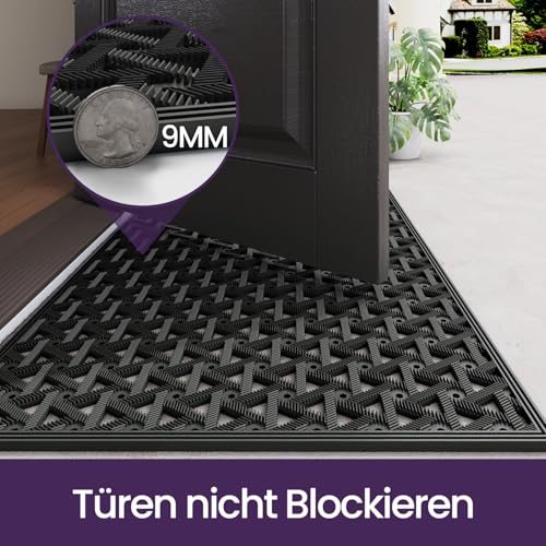 DEXI Fußmatte Außen 48,5 x 75 cm, rutschfeste Schmutzfangmatte mit Drainagelöchern, Wasserdicht & Wetterfest, Robuste Türmatte für Haustür, Eingang, Terrasse & Balkon, Schwarz