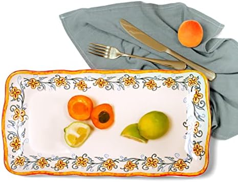 Euro Ceramica Duomo Collection Italian-Inspired 16.8" Rectuangular Ceramic Serving Tray with Organic Edges, Floral Design, Multicolor