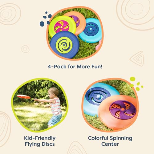 Image of B. toys Flying Disc Set, Disc-Oh! 4 Colorful Frisbees, 4 Discs, Summer | 4 flying discs with spinning centers for backyard, park, beach, and camping play; easy for little hands, 4 Discs; 4+ Years