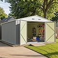 Patiolife 10 x 12 FT Outdoor Storage Shed with Floor Frame, Garden Tool Metal Shed with Sloping Roof and Double Lockable Door for Backyard Garden & Patio, Grey