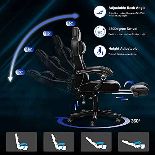 ELECWISH Racing Video Gaming Chair High Back Large Size Ergonomic Adjustable Swivel Reclining Executive Computer Chair with Headrest and Lumbar Support PU Leather Executive Office Chair Grey