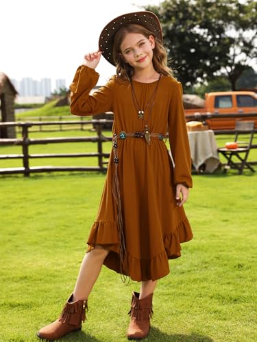Girls Boho Dress Teen Long Sleeve Lace Backless Tie Back High Low Swing Pocket Dresses with Belt Size 5-16 Years