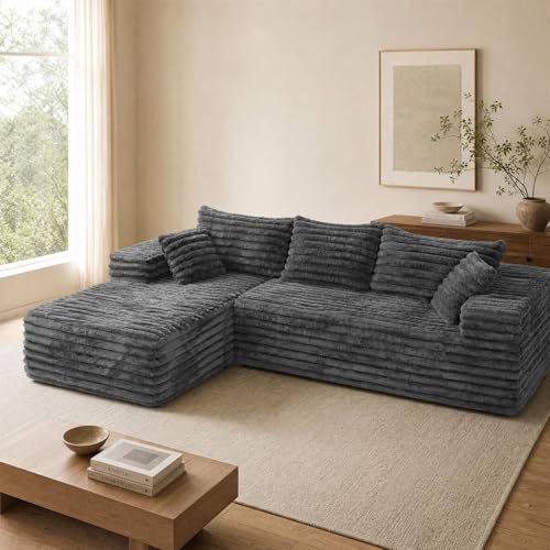 Image of 2 inch Corduroy Boneless Couches for Living Room, L Shape Sofa with Chaise | 102.4 inch Modular Sectional Sofa, Cloud Couch Sectional with Deep Seat, No Assembly, Grey, Left Chaise