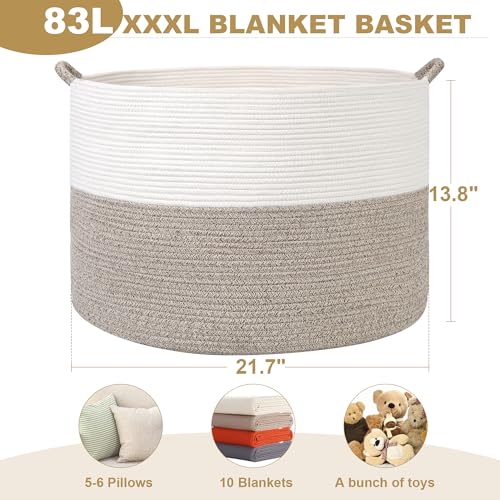XXXL-Large-Blanket-Basket-for-Living-Room-217-x-138-Woven-Cotton-Rope-Laundry-Hamper-for-Pillows-Towels-Toy-Storage-Decorative-Round-Storage-Basket-with-Handles-for-Nursery-Baby-Dog-Toys