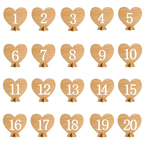 BravOne Heart Shape Wooden Table Numbers 1-20 With Holder Base - Rustic Hollow Out Wood Cards for Wedding, Party, Event Decoration
