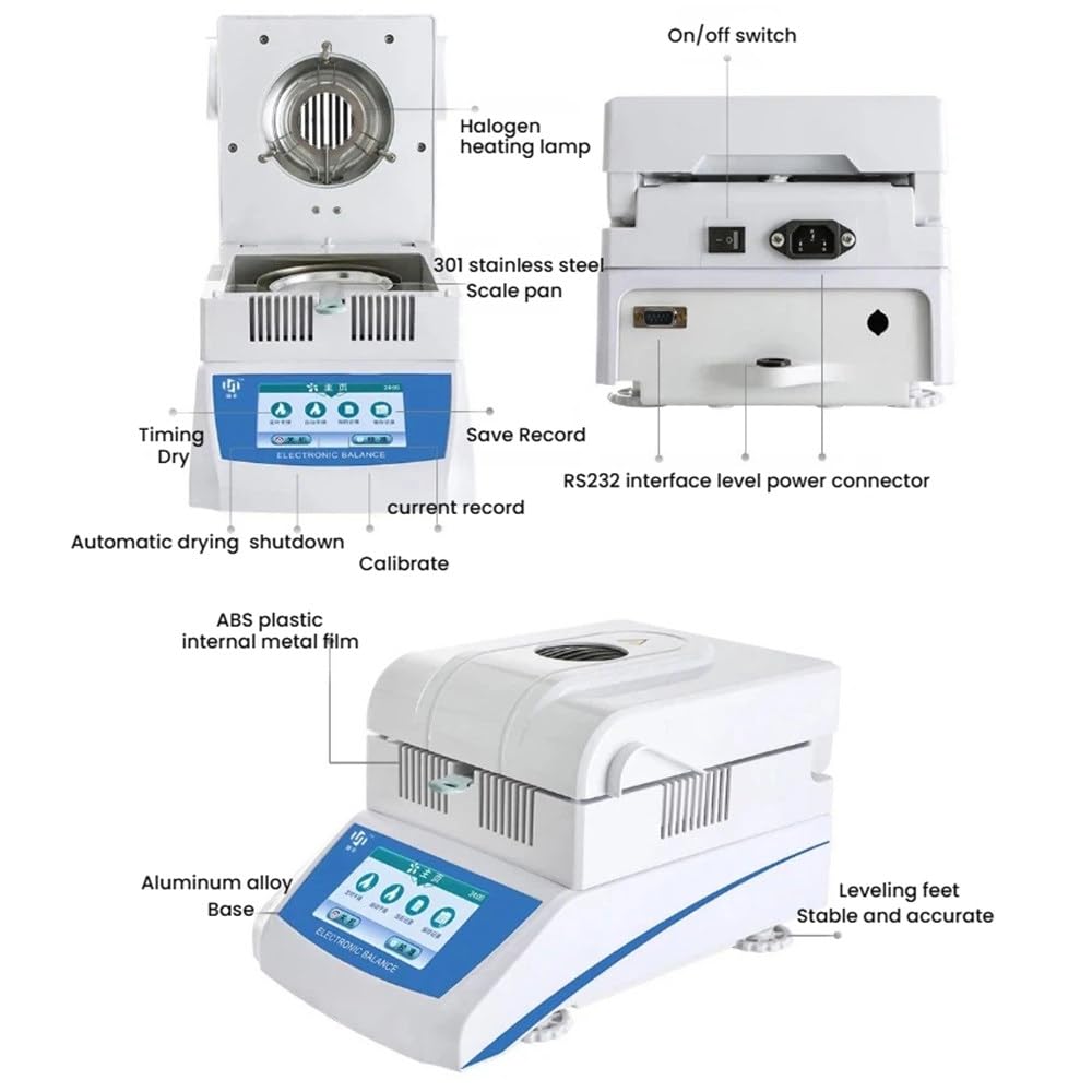Analizador de contenido de humedad halógeno, probador digital de alta precisión con interfaz RS232 para uso industrial y científico, medición de 50 g/0,002 g