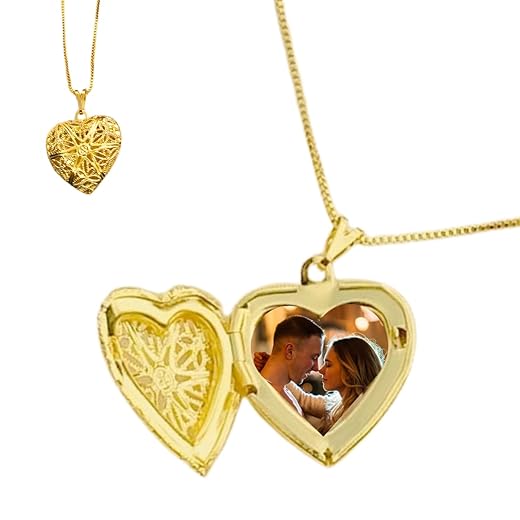 Colar com Fotos Pingente Relicário Luxo Coração Banhado A Ouro 18k e a Prata 925