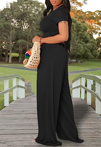 Women's Casual Summer 2 Piece Outfits Short Sleeve Crop Top Wide Leg Pants Set Jumpsuits2