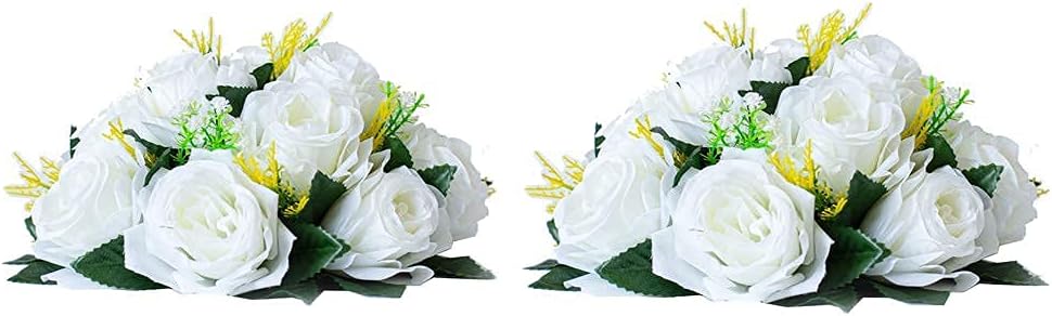 LANLONG 2pcs Luxurious Crystal Metal Flower Arrangement Stand Bundle with 2pcs Artificial Flowers 15 Heads Plastic Roses with Base for Wedding Centerpieces Party Home Decoration