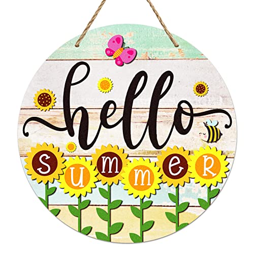 PETCEE Hello Summer Door Sign - 11.5Farmhouse Sunflower Front Door Decor Welcome Hanger Wreaths for Home Office Summer Hanging Sign Wall Decorations Reusable Seasonal Sign for Kitchen Classroom Porch