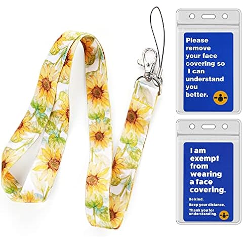 Face Mask Exemption Card, Exempt from Face Covering Badge Card, Sunflower Lanyard with Card Holder for Hidden Disability Asthma COPD Health Issue Social Distance Lanyard for Shopping Travel (2 Pack) Cover