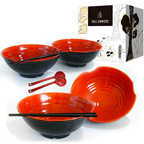 4 XL bowl set 12 Pieces Ramen Bowl Set Asian Japanese soup with Spoons and Chopsticks Restaurant Quality Melamine Large 51 oz for Noodles Pho Udon Thai Chinese dinnerware 9 inch…