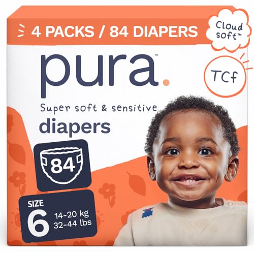 Image of Pura Baby Diapers Size 6-84 Count, 32-44lbs, 12hr Leak Protection, Cloud Soft & Gentle Diapers for Hypoallergenic & Sensitive Baby Skin, Toxin-Free*, Organic Cotton, Blowout Blocker, New Size Guide
