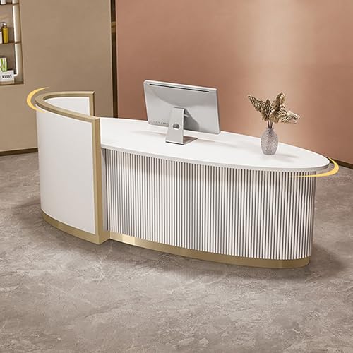 TIZAZO Modern Front Desk - Customized Logo & Metal Framework | Checkout Counter Stylish with Solid Wood Material, Large Space, Curved Wooden Reception Desk with Counter for Reception Room (56'')