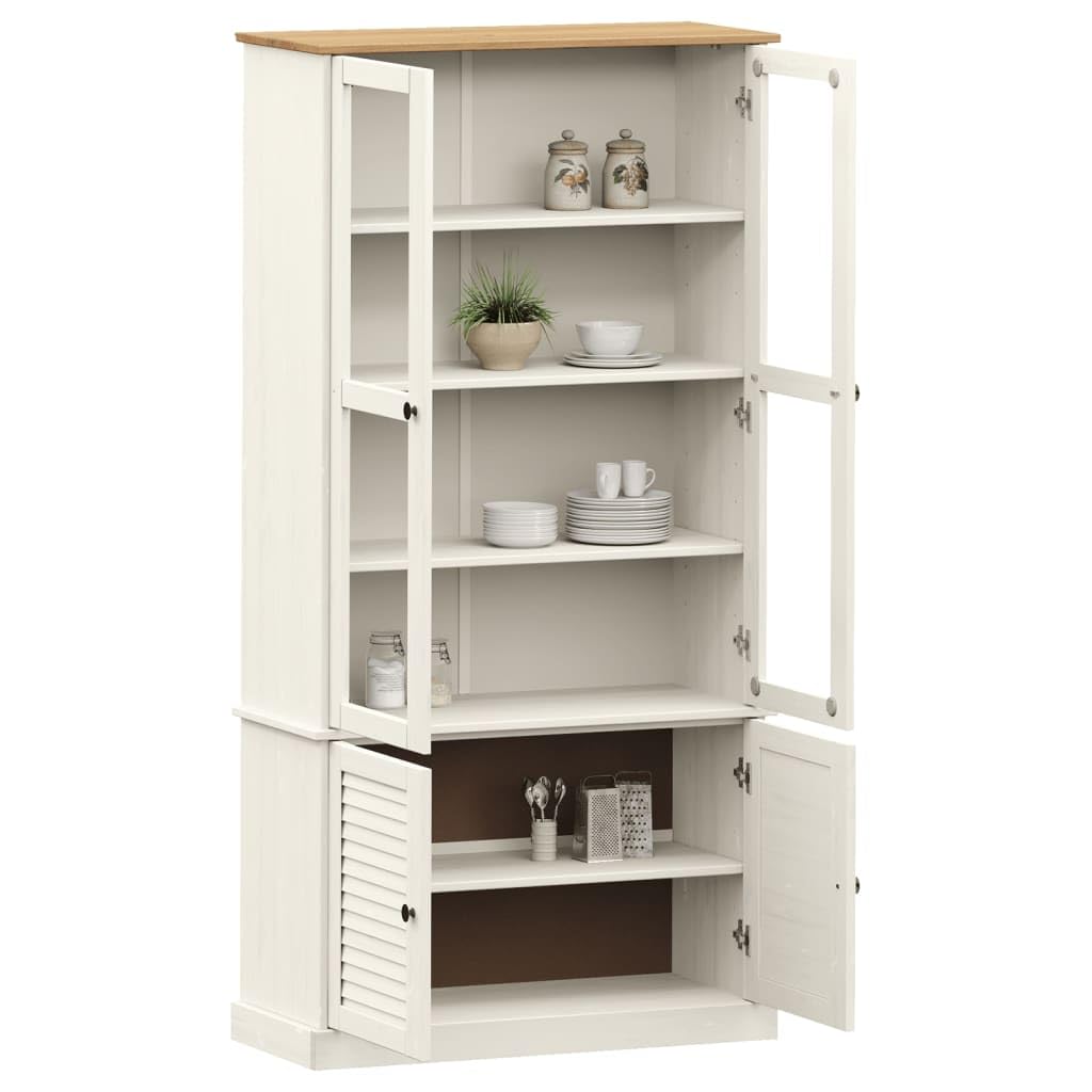 Vitrina VIGO Blanco 85 x 35 x 170 cm de madera maciza de pino con puertas de cristal y botones de metal, armario de vitrina con estantes para tazas y artículos decorativos
