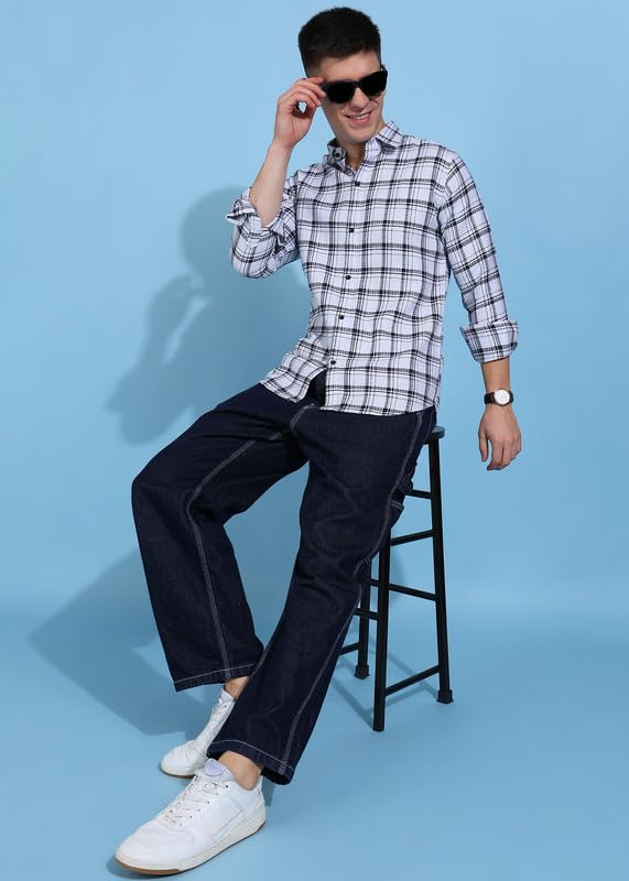 Image of MiraMichi Men's Pure Cotton Blue Checkered Full Sleeve Shirt - Regular Fit, Casual Wear, Comfortable and Stylish Design