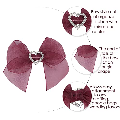 Aimudi Pre-Tied Burgundy Organza Bows With Rhinestone 3" Maroon Ribbon Bows With Heart Diamante Burgundy Bows For Gift Wrapping Small Bows For Crafts Wedding Embellishment Shower Party Favors - 12 Pcs #TOP2