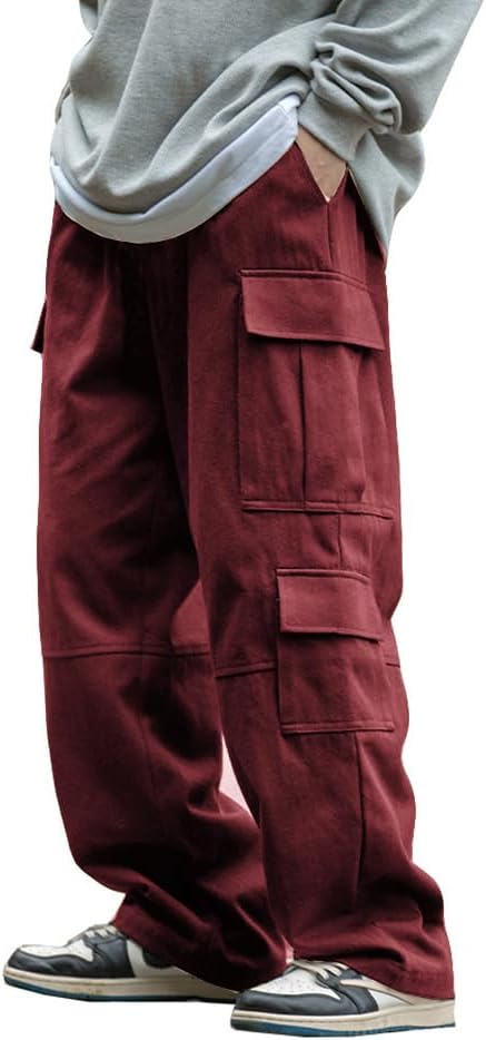 THWEI Mens Cargo Pants Drawstring Elastic Waist Casual Baggy Pant Streetwear Multi Pockets