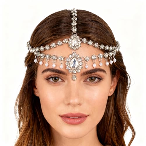 GORGECRAFT Silberne Strass Kopfkette Doppellagige Stirnkette Mit Kristalltropfen Perlenanhänger Edelstein Flapper Kopfbedeckung Boho Haarschmuck Accessoires Für Frauen Hochzeit Party Bauchtanz Cosplay