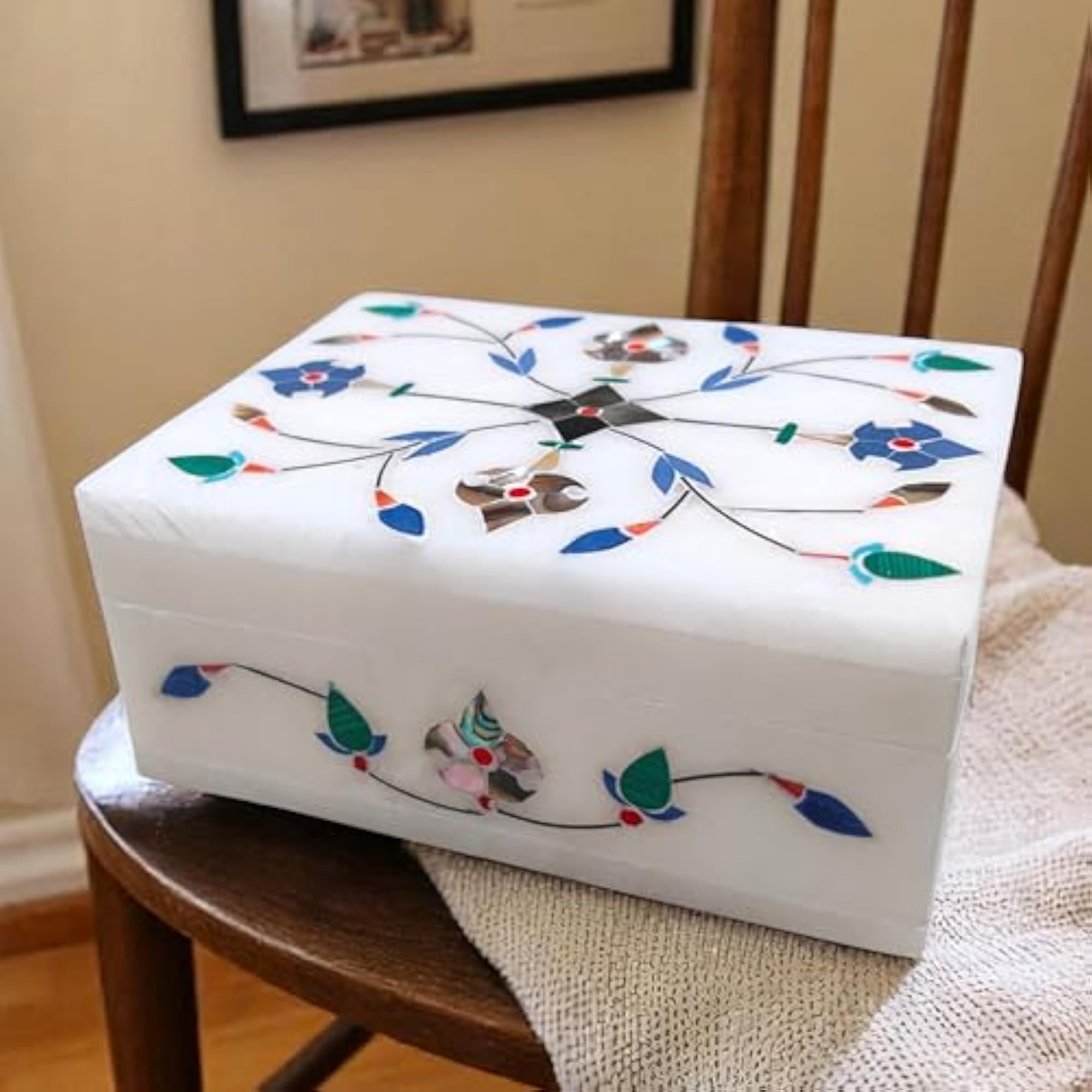 Handcrafted Decorative Marble Storage Box with Inlay Work, Elegant White