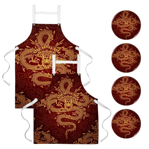 Tablier de cuisine lot de 2 style dragon chinois pour bistrot et travail
