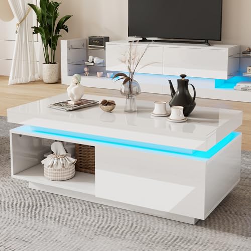 ModernLuxe High Glossy LED Coffee Table with Storage Drawer and Open Display Shelf, Stylish Wooden Rectangle Side Tables for Living Room, RGB LED Lights with Multiple Color Options, White - Image 7