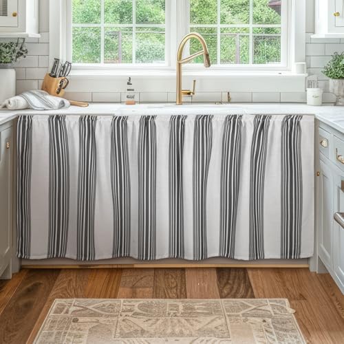 VitalCozy Cabinet Curtain 28" W x 51" L Sink Skirt for Bathroom Kitchen Grey Stripes Short Curtain for Home Classroom Farmhouse Rustic Drape Under Desk Privacy Drape for Laundry Room