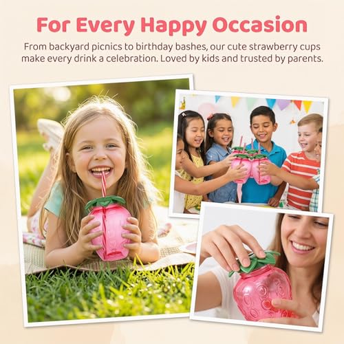 Image of Housoutil 4 Pack Strawberry Cups with Straw and Pendants, 500ml Reusable Plastic Strawberry Tumblers, Strawberries Drinking Cups for Spring Hawaiian Summer Berry First Birthday Party Decor Supplies