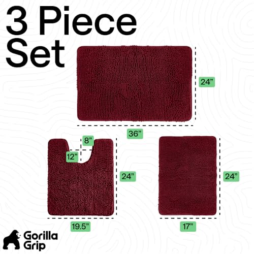 Image of GORILLA GRIP Bathroom Rug Sets 3 Piece, Bath Mat Set and Oval Toilet Base with Rubber Backing, Plush Absorbent Shaggy Chenille Washable Mats, Includes 24x19.5, 24x17 and 36x24 Inch Rugs, Burgundy