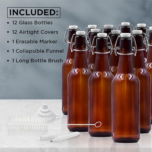 Nevlers 12 Pack of Amber Glass Beer Bottles for Home Brewing 16 oz - The Glass Bottles with Caps Comes with a Funnel, Brush & White Marker - Great Amber Bottles & Empty Bottles for Beer Brewing