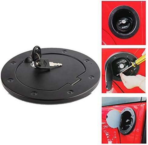 Non Fading Black Fastness Gas Cap Fuel Filler Door Cover Moonet Powder Coated Steel Gas Fuel Tank Gas Cap Cover Accessories for 2007-2017 Wrangler JK & Unlimited Sport Rubicon Sahara with Lock