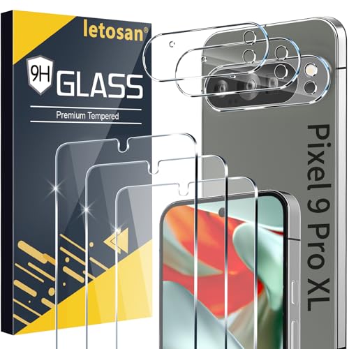 letosan 3 Pack for Google Pixel 9 Pro XL Screen Protector Tempered Glass + 3 Pack Camera Lens Protector Military Grade Shatterproof 9H Hardness Fingerprint Unlock Case Friendly 6.8 Inch