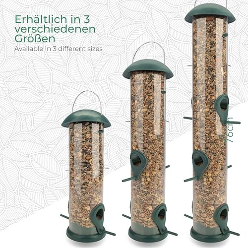 WILDLIFE FRIEND 20 cm Vogelfutterspender - Körnerfutterstation aus Kunststoff mit Zwei Anflugplätzen - Futtersäule zum Aufhängen für Wildvögel - Futterhaus für Ganzjährige Verwendung - Grün