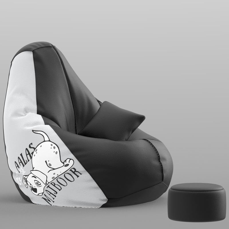 Image of Biggie Bean Bag with Beans Filled 4XL Evergreen Classics Bean Bag-Loud Prints-Soft Landings-Styled with Free Cushion & Footrest (Matching Color : Printed Aalas Se Majboor-Black)