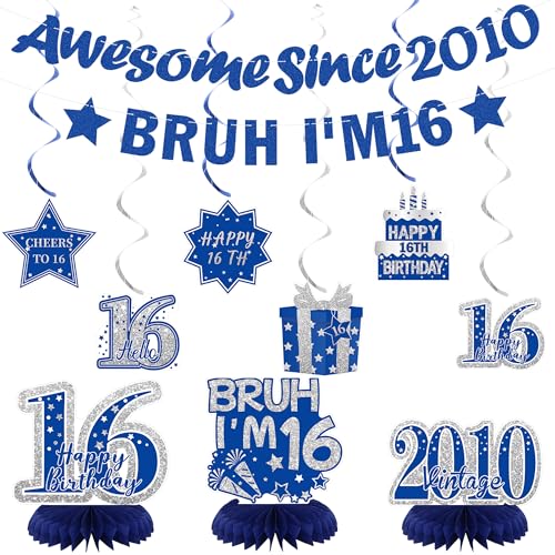 Image of Crenics Blue 2010 16th Birthday Decorations for Boys | Awesome Since 2010 Banner, Bruh I'm 16 Banner, Honeycomb Centerpieces and Hanging Swirls for 16 Years Old Party Supplies