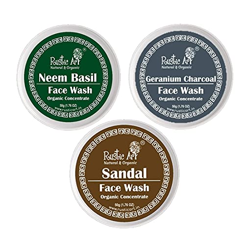 Image of Rustic Art Sandal, Neem Basil, Geranium Charcoal Face Wash Concentrate | Deep Cleansing, De-Tanning, Acne Control | Organic, Sulfate Free | All Skin Types | (Pack of 3 * 50g)