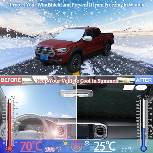 Image of Windshield Snow Cover Compatible with Toyota Tacoma 2015-2024, Car Snow Cover, Front Windshield Sunshade, Exterior Windscreen Sun Shade, UV-Rays Sun Ice Snow Frost Protector, 4-Layer Windshield Cover