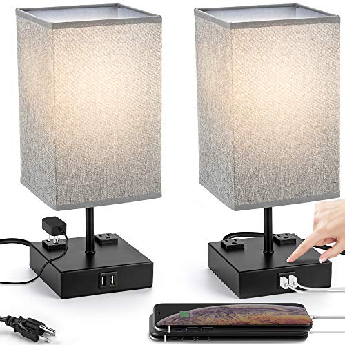UL Approval Touch Control Table Lamp with USB and AC Outlet, SUPERDANNY 3-Way Dimmable Bedside Nightstand Lamp Modern Light, Desk Reading Lamp for Bedroom, Living Room, Gray, Set of 2