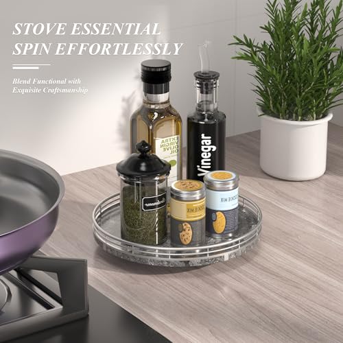 Image of Gray Marble Lazy Susan Turntable for Table Top - 10 inch Round Marble Tray Organizer for Dining Table, Kitchen Countertop & Bar, Luxury Stone Serving Tray with Silver Frame